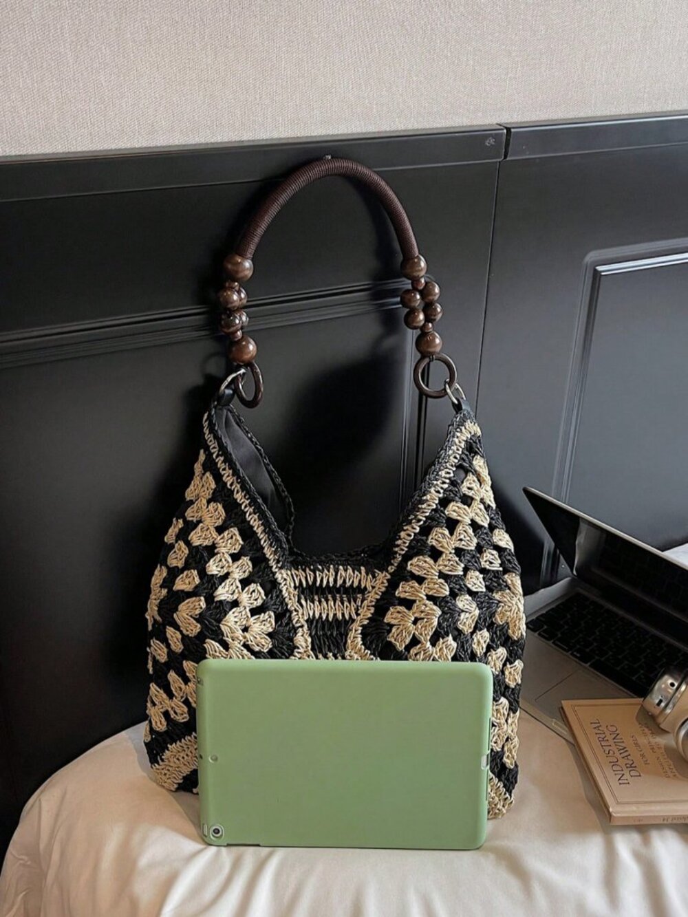 Black Casual Women's Crochet Patchwork Shoulder Bag – - Picture 6 of 8